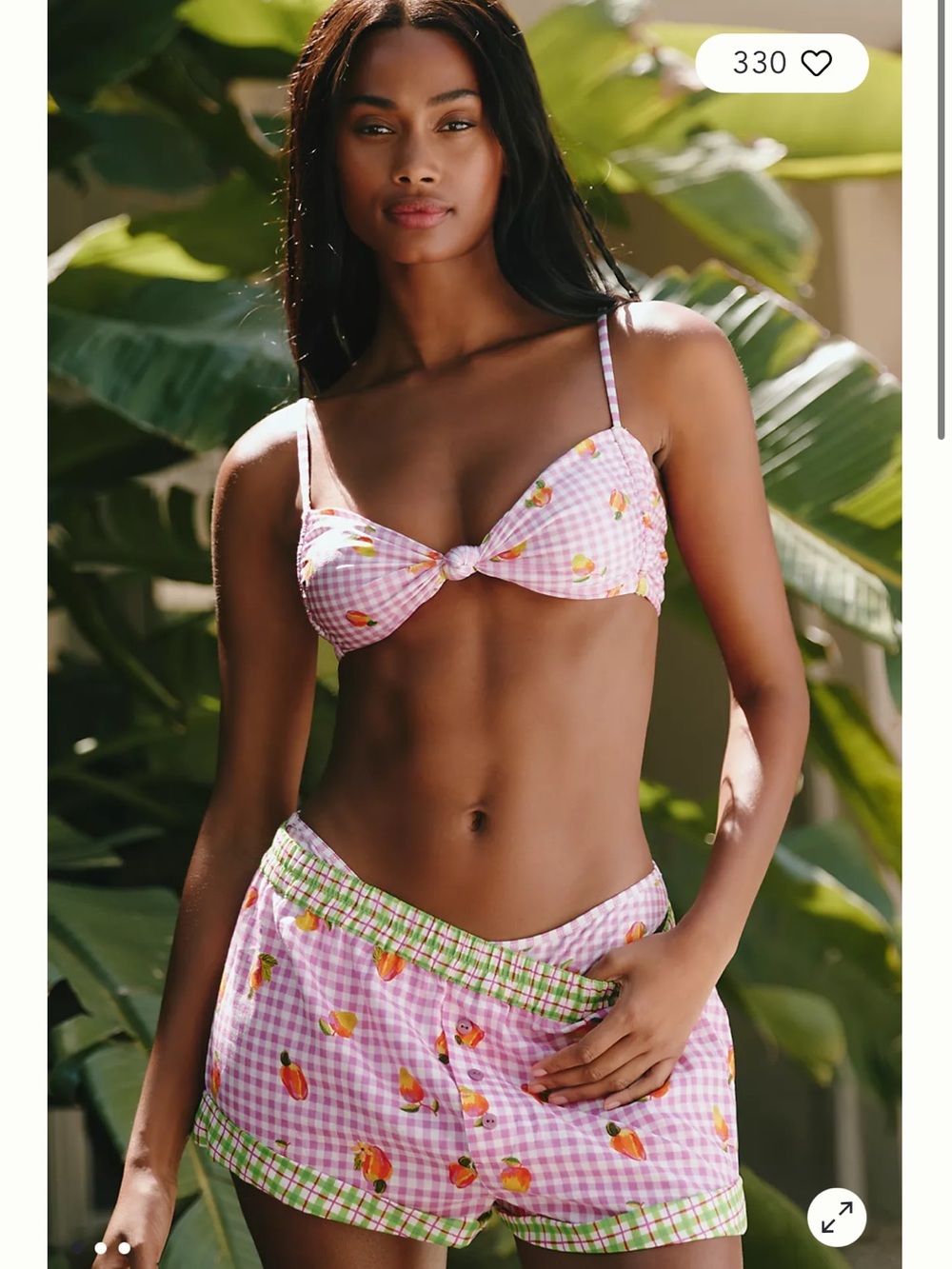 Farm Rio - Pink Gingham Tie-Front Bikini Top with Fruit Print